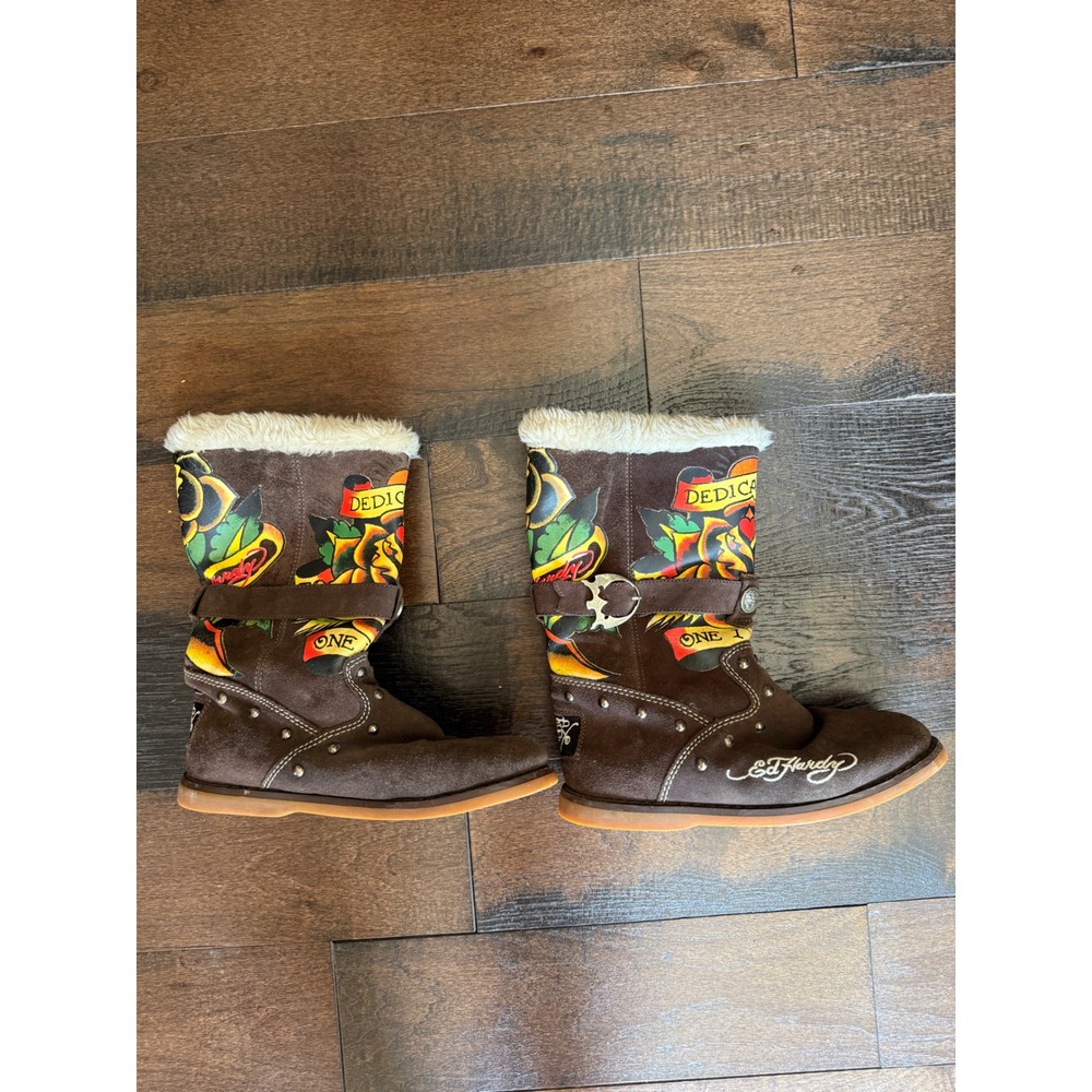Vintage Ed Hardy Suede Fur Boots 8 Brown Tattoo Rose Y2K Studded Streetwear